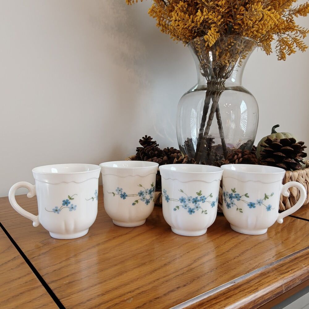VINTAGE FLORAL FORGET ME NOT TEA COFFEE CUP MADE IN FRANCE 4 PIECE SET